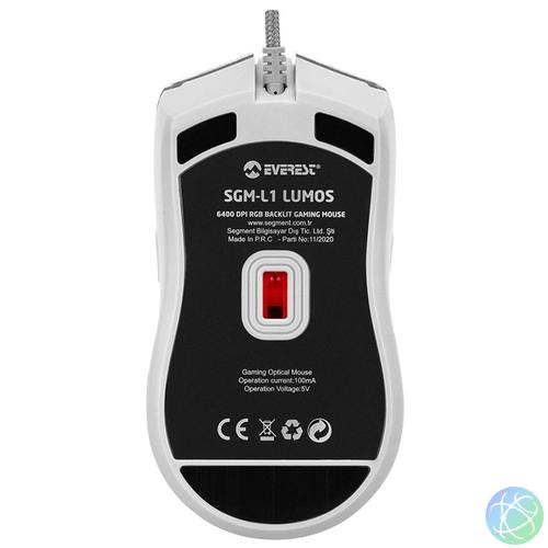 Everest Gamer Egér - SGM-L1 LUMOS White (6400 DPI, 8gomb, 1,65m harisnyázott kábel,optikai, fehér, RGB LED)