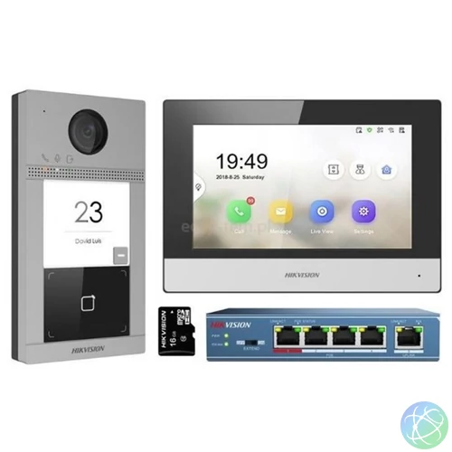 Hikvision IP kaputelefon szett - DS-KIS604-S (DS-KV8113-WME1, DS-KH6320-WTE1, DS-3E0105P-E/M, 16GB microSD kártya)