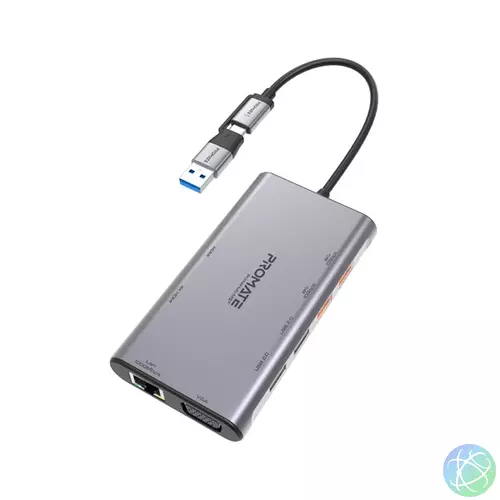 Promate USB Hub - PRIMEHUB MST (USB-C 9in1 HUB, 2x4K HDMI, VGA, 2xUSB 3.0, 1xUSB 2.0, 2xUSB-C, RJ45, adapter, szürke)