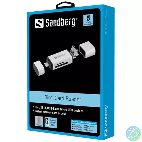 Sandberg Kártyaolvasó - Multi Card Reader (fehér-fekete; USB/USB-C/MicroUSB; SD;SDHC)