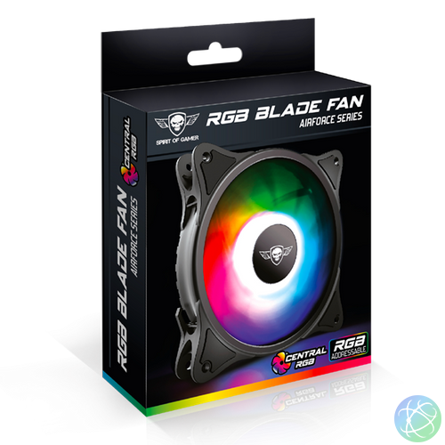Spirit of Gamer Cooler 12cm - CENTRAL RGB V120IN (25,3dB; max. 39,6 m3/h; 3pin csatlakozó(Molex); ház hűtésre, RGB LED)