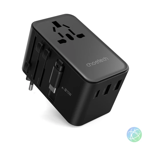 Choetech USB-C*2+USB-A*2 (70W,fekete,travel,USB-C kábellel, US,UK,EU,AU), töltő