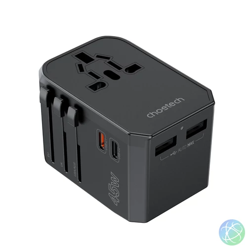 Choetech USB-C*2+A*2 (45W, fekete, travel, US,UK,EU,AU), töltő