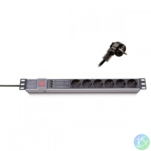 KELINE 620P06 19 1U 6x250V Schuko aljzat túlfeszültségvédelemmel 2,3m elosztósor