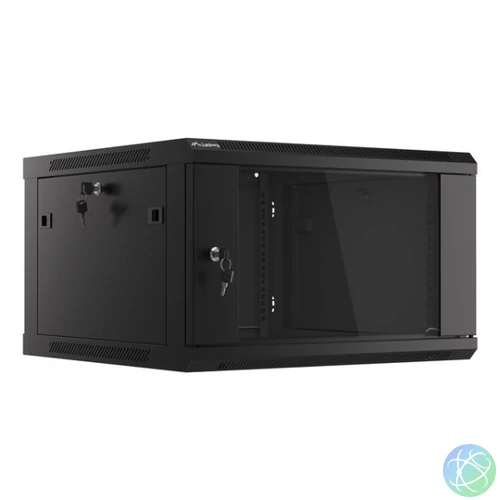 Lanberg WF01-6606-10B 19" 6U SZÉL:600mm MÉLY:600mm MAG:379mm lapraszerelt üvegajtós fekete fali rack szekrény