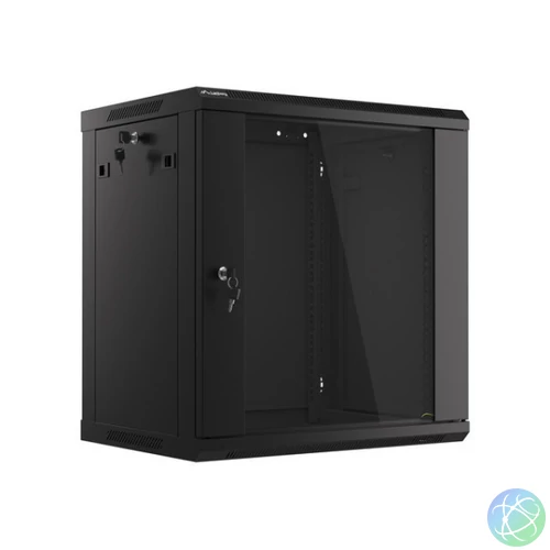 Lanberg WF01-6412-10B 19 12U SZÉL:600mm MÉLY:450mm MAG:640mm lapraszerelt üvegajtós fekete fali rack szekrény