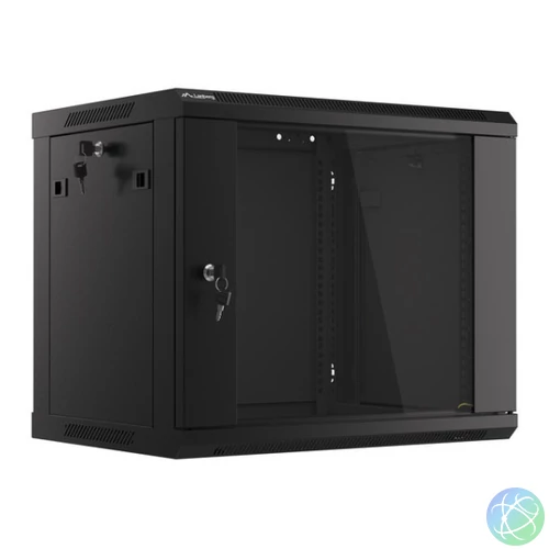 Lanberg WF01-6409-10B 19 9U SZÉL:600mm MÉLY:450mm MAG:512mm lapraszerelt üvegajtós fekete fali rack szekrény