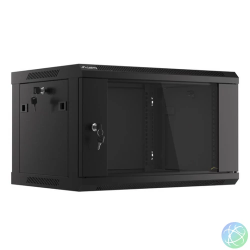 Lanberg WF01-6406-10B 19 6U SZÉL:600mm MÉLY:450mm MAG:379mm lapraszerelt üvegajtós fekete fali rack szekrény