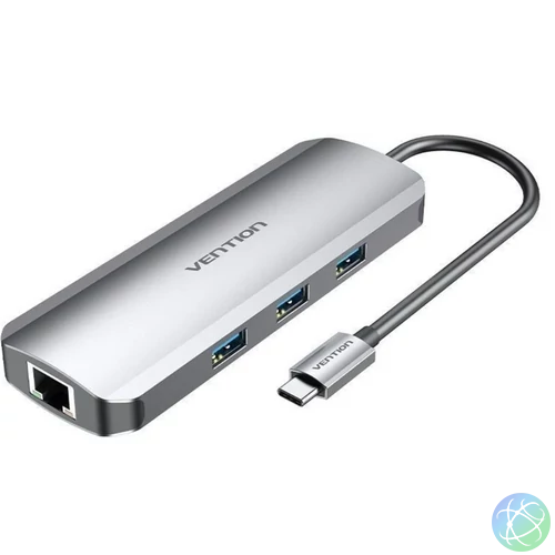 Vention USB-C -> HDMI/USB3.0x3/RJ45/SD/TF/PD (0,15m Szürke Aluminum Ötvözet), Dokkoló