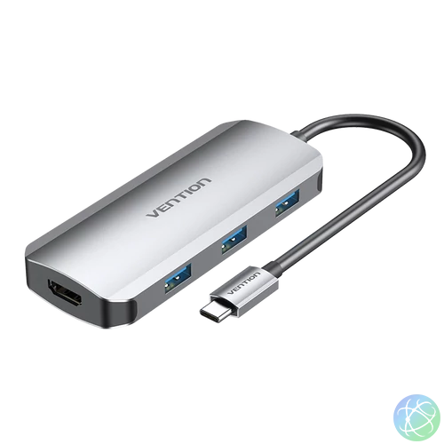 Vention USB-C -> HDMI/USB 3.0x3/PD (0,15m Szürke Aluminum Ötvözet), Dokkoló