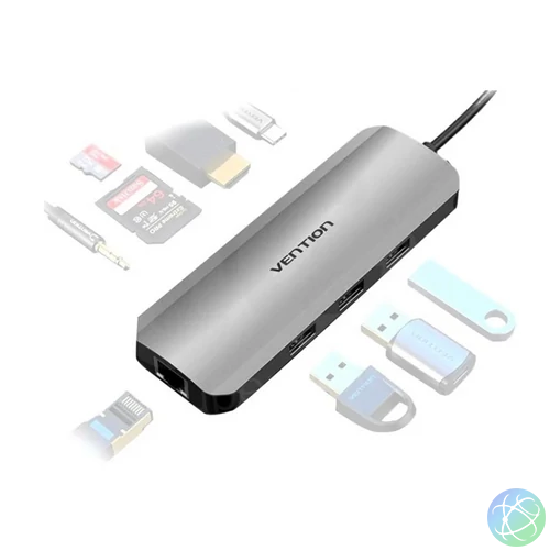Vention USB-C -> HDMI/USB3.0x3/RJ45/SD/TF/TRRS 3.5mm/PD (0,15m Szürke Aluminum Ötvözet), Dokkoló