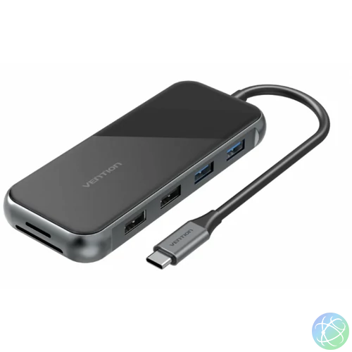 Vention USB-C -> HDMI/ VGA/USB3.0*2/USB2.0*2/RJ45/TF/SD/PD (0,15m, szürke, tükrös felületű), Dokkoló