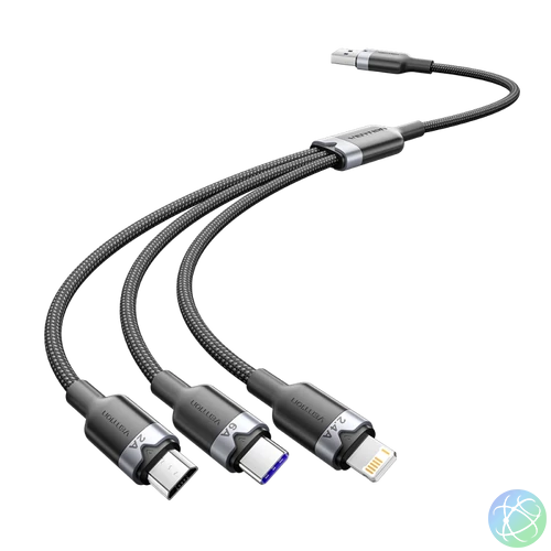Vention USB-A 2.0/M -> USB-C/Lightning/Micro USB-B, 1,5m,(fekete,6A,3in1), kábel
