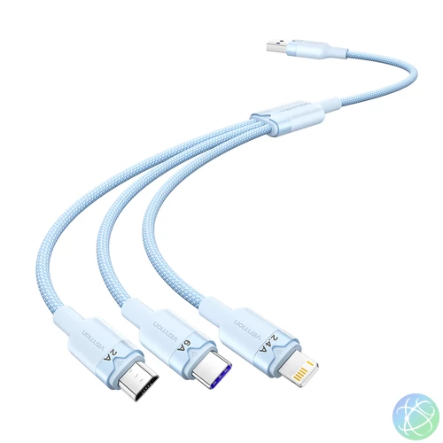 Vention USB-A 2.0/M -> USB-C/Lightning/Micro USB-B, 1,5m,(blue,6A,3in1), kábel