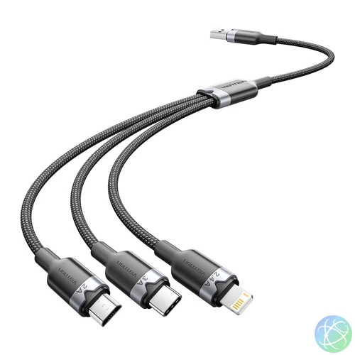 Vention USB-A 2.0/M -> USB-C/Lightning/Micro USB-B, 1,5m,(fekete,3A,3in1), kábel
