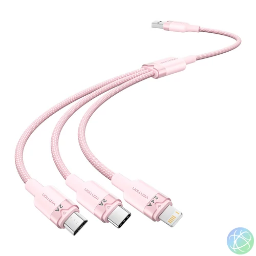 Vention USB-A 2.0/M -> USB-C/Lightning/Micro USB-B, 1,5m,(pink,3A,3in1), kábel