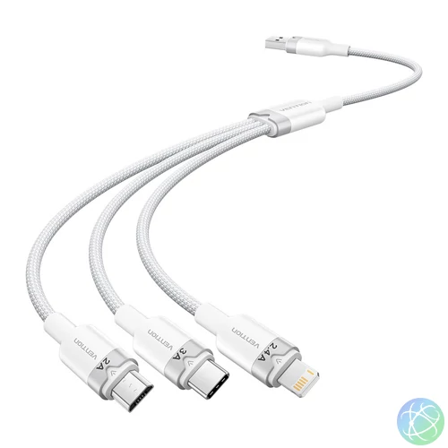 Vention USB-A 2.0/M -> USB-C/Lightning/Micro USB-B, 1,5m,(fehér,3A,3in1), kábel