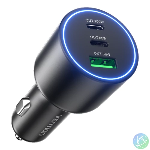 Vention USB-A+C*2 (3port,100/75/36W, fekete,szivargyújtós), töltő