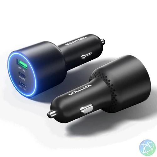 Vention USB-A+C*2 (3port,100/30/18W, fekete,szivargyújtós), töltő