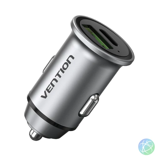 Vention USB-A+C (2port,18/20W, szürke, szivargyújtós), töltő