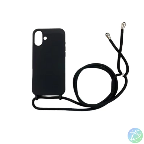 iPhone 16 Plus TPU+PC Feket tok,Fekete zsinórral