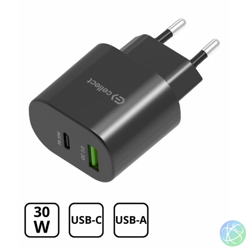 Hálózati töltő adapter PD30W/QC3.0 18W, Fekete