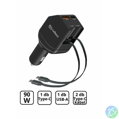 Autós töltő 2 db beépített kábellel gyorstöltéssel 90W,Fekete