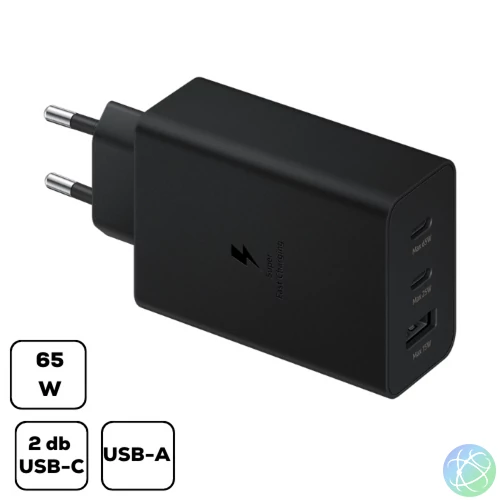 Sam hálózati trio adapter,65W PD USB-C, Fekete