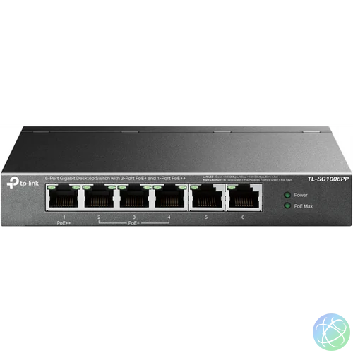 TP-LINK Switch 6x1000Mbps(3xPOE+ + 1xPOE++) Fémházas Asztali, TL-SG1006PP