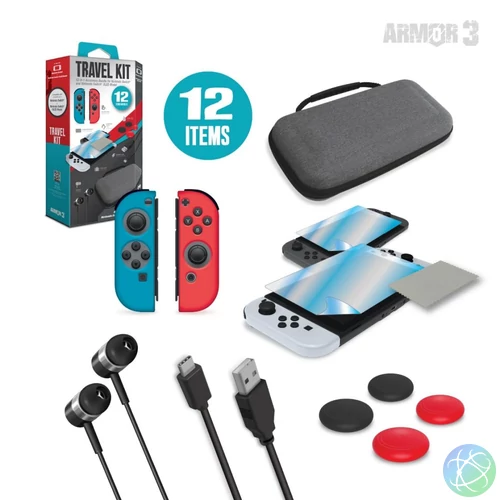 ARMOR3 Nintendo Switch/OLED Travel csomag (Üvegfólia + Thumb Grips + Füllhallgató + Tok + Töltő kábel)