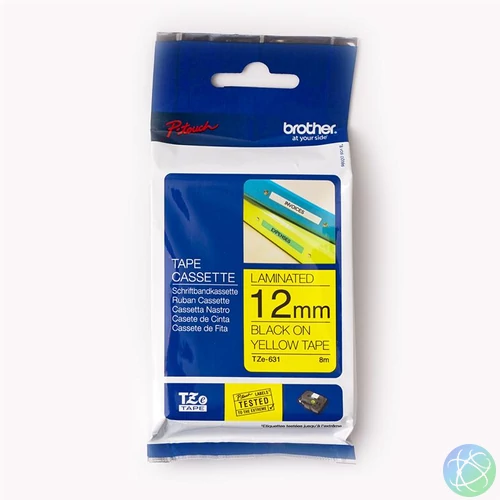 Brother TZE-631 laminált P-touch szalag (12mm) Black on Yellow - 8m címkenyomtató szalag