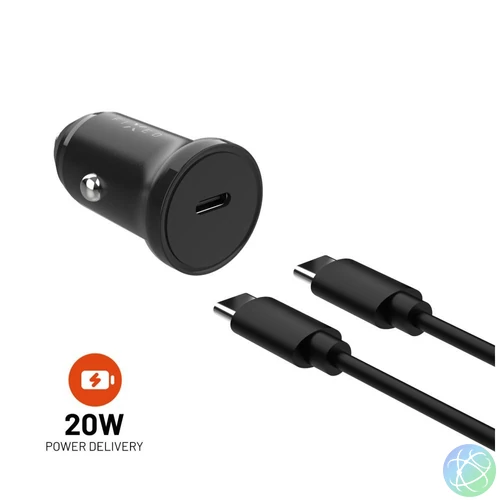 FIXED USB-C 12/24V-os autós töltő, 20W, PD3.0, 1 m USB-C kábellel, fekete