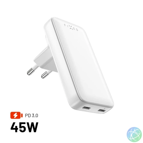 FIXED Slim Traveller 2xUSB-C utazási töltő világadapter GaN 45W, fehér