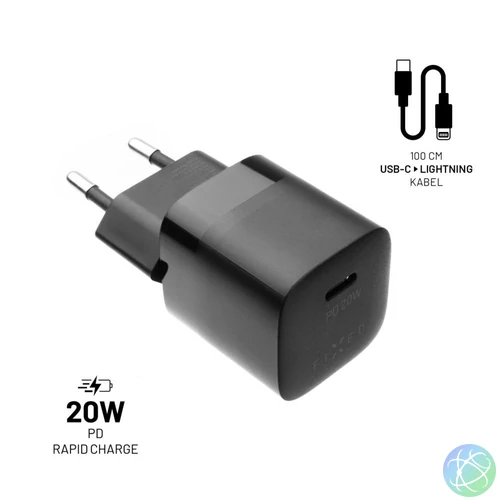 FIXED Mini hálózati töltőkészlet USB-C kimenettel és USB-C/Lightning kábellel 20W 1m, fekete