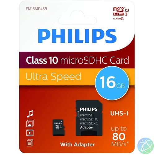 Philips 16GB microSDHC Class10 UHS-I U1 + adapterrel memóriakártya