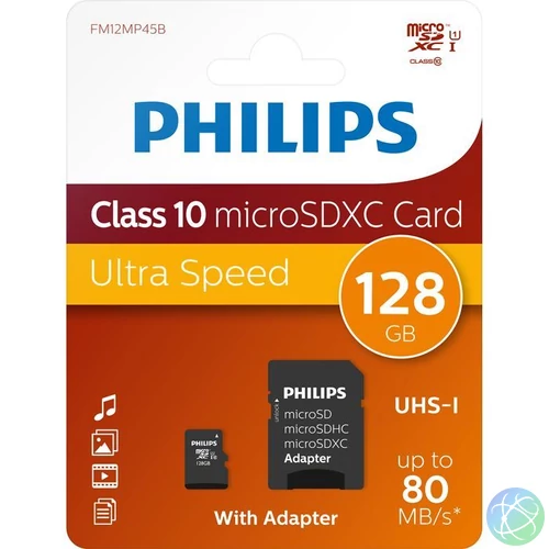 Philips 128GB microSDXC Class10 UHS-I U1 + adapterrel memóriakártya