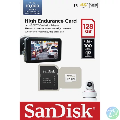 Sandisk 128GB microSDXC High Endurance Class 10 CL10 U3 V30 + adapterrel memóriakártya