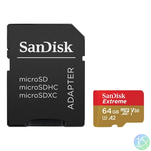 Sandisk 64GB microSDXC Class 10 U3 V30 A2 Extreme + adapterrel memóriakártya