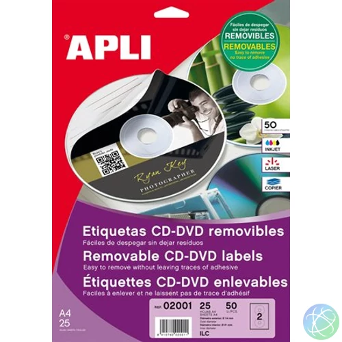 Etikett, CD/DVD, A4, matt, eltávolítható, APLI
