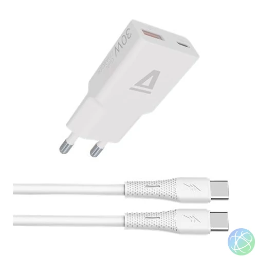 Hálózati töltő + USB-C - USB-C kábel, 1,5 m,  AVAX "CH6413", fehér