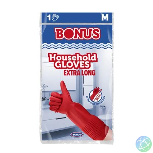Gumikesztyű, háztartási, latex, extra hosszú, 38 cm, M méret, BONUS, piros