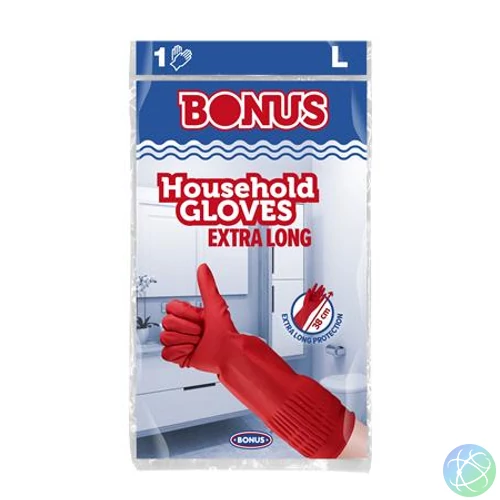 Gumikesztyű, háztartási, latex, extra hosszú, 38 cm, L méret, BONUS, piros