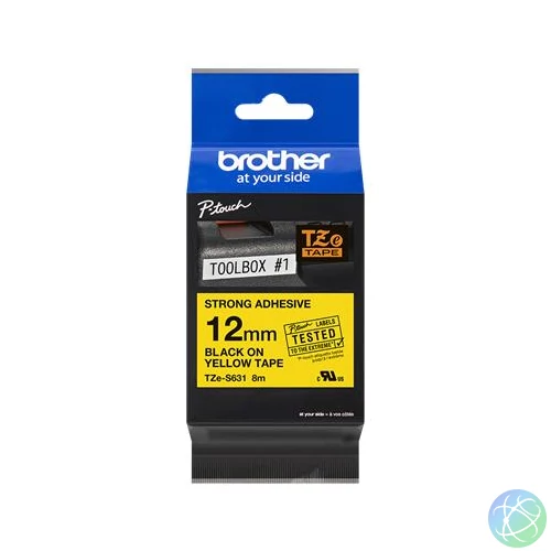Feliratozógép szalag, erős tapadású, 12 mm x 8 m, BROTHER, "Professzionális TZe-S631 " sárga-fekete