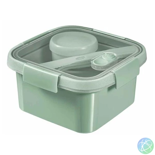 Ételtartó, szósztartóval, evőeszközzel, szögletes, műanyag, 1,1 l, CURVER "Smart Eco", világoszöld