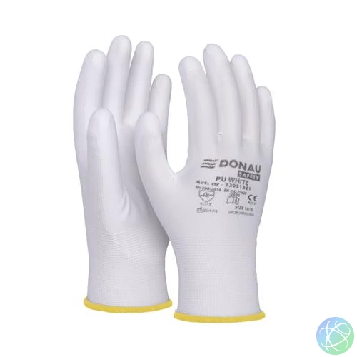 Szerelőkesztyű, PU, DONAU "Safety", 8/M méret, fehér