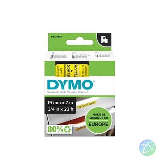 Feliratozógép szalag, 19 mm x 7 m, DYMO "D1", sárga-fekete