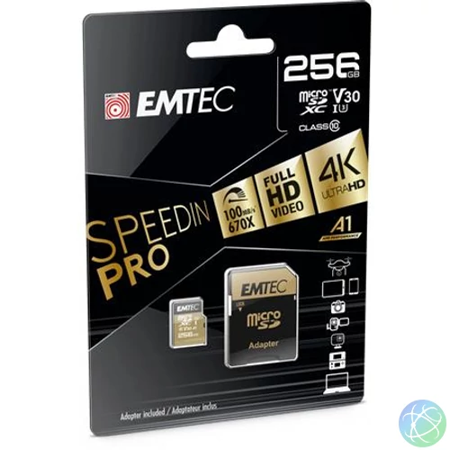 Memóriakártya, microSDXC, 256GB, UHS-I/U3/V30/A2, 100/95 MB/s, adapter, EMTEC "SpeedIN"