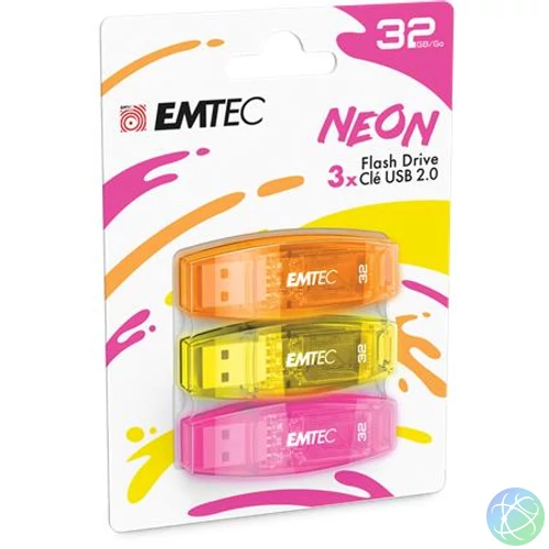 Pendrive, 32GB, 3 db, USB 2.0, EMTEC "C410 Neon", narancs, citromsárga, rózsaszín