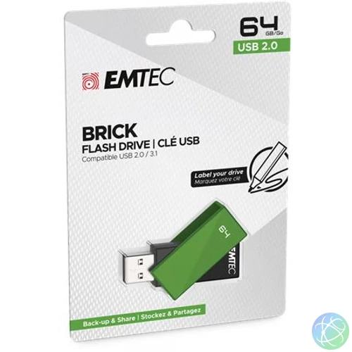 Pendrive, 64GB, USB 2.0, EMTEC "C350 Brick", zöld