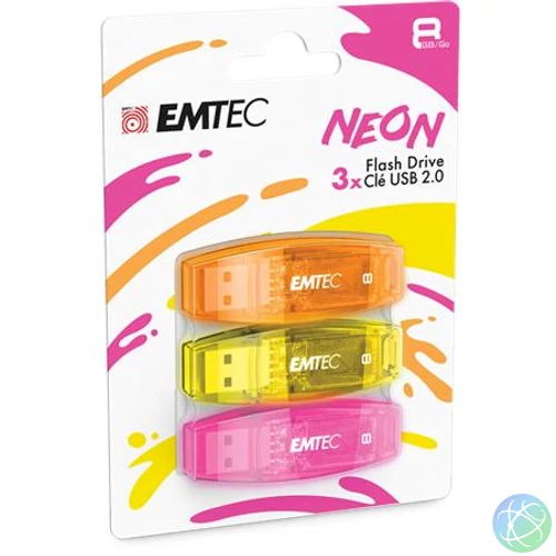 Pendrive, 8GB, 3 db, USB 2.0, EMTEC "C410 Neon", narancs, citromsárga, rózsaszín